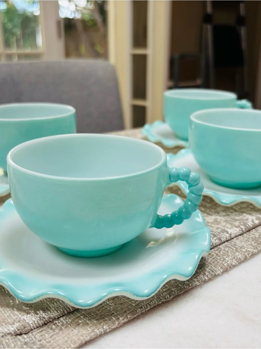 Vintage Hazel Atlas Turquoise Ripple Crinoline Cup and Saucer lot of 4